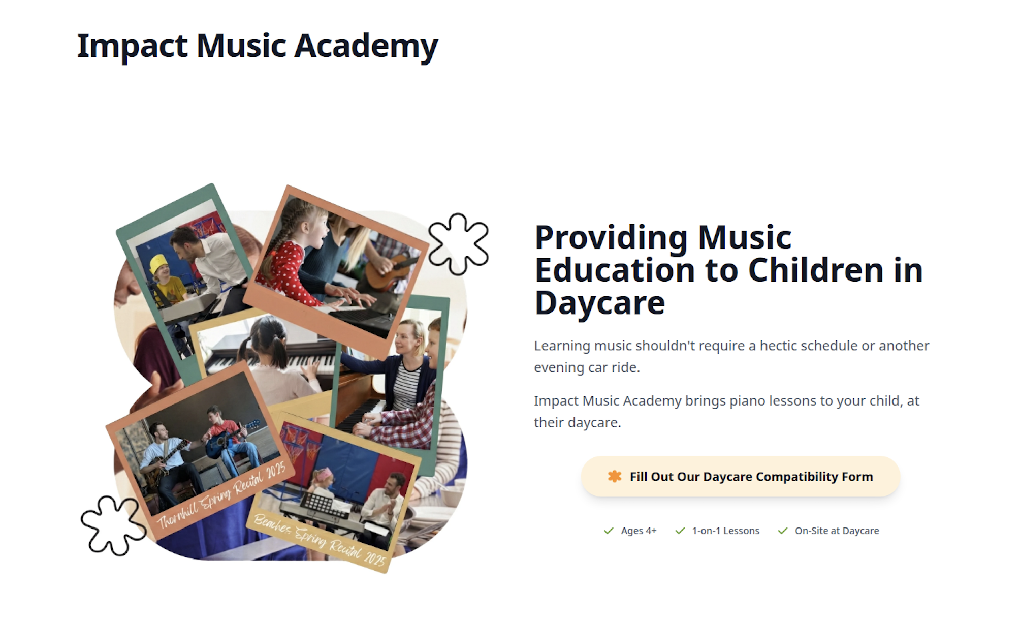 Impact Music Academy website with lesson booking and instructor profiles