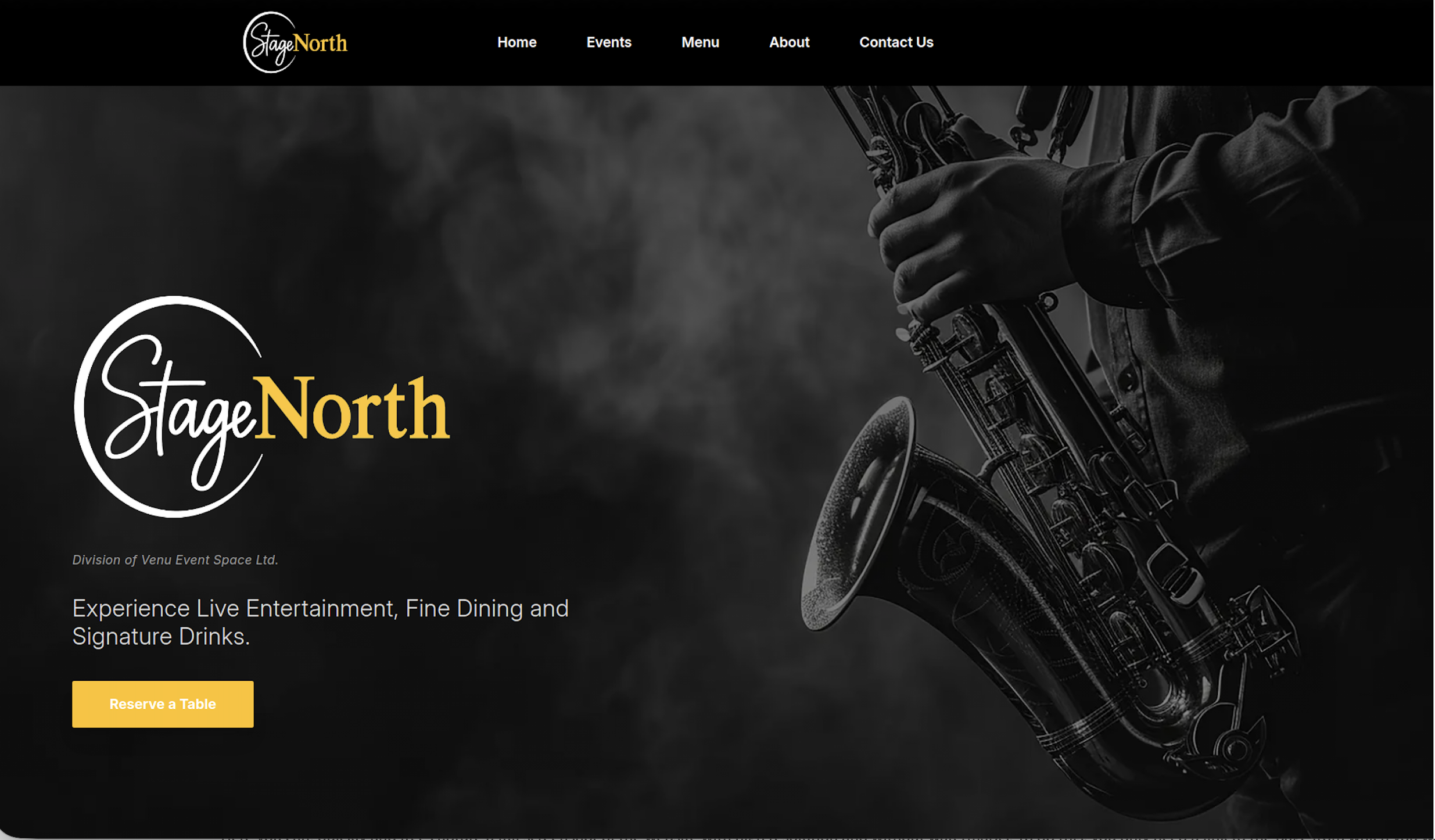 StageNorth website homepage featuring live music event listings and restaurant reservations